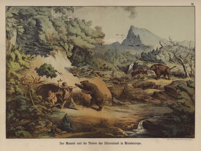 Mensen en dieren van Prehistorisch Europa (kleur litho) door German School