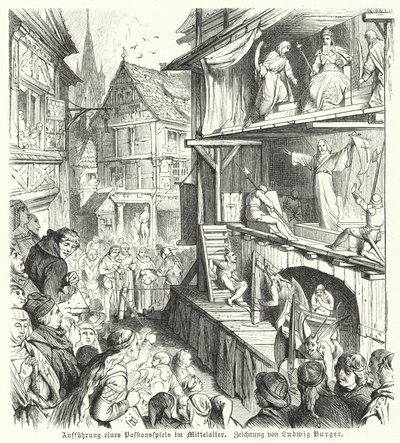 Opvoering van een Passiespel in de Middeleeuwen (gravure) door German School