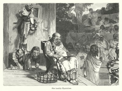 Opvoering van een komedie in een theater in Oud-Griekenland (gravure) door German School