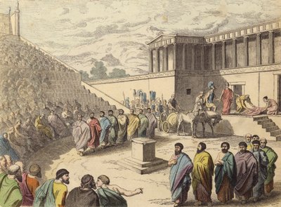 Opvoering van het toneelstuk Agamemnon in een theater in het Oude Griekenland door German School