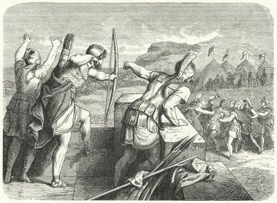 Filip II van Macedonië gewond in het oog bij de Belegering van Methone, 355 v.Chr. (gravure) door German School