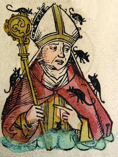 Portret van Hatto, de Aartsbisschop van Mainz afgebeeld terwijl hij levend wordt opgegeten door muizen, gepubliceerd in de Neurenberg Kroniek, 1493 door German School