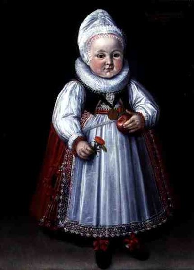Portret van een Jong Kind met een Appel en een Bloem door German School