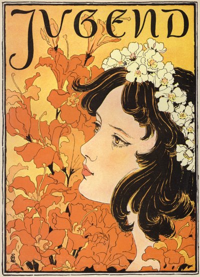 Portret van een meisje met bloemen in haar haar door German School