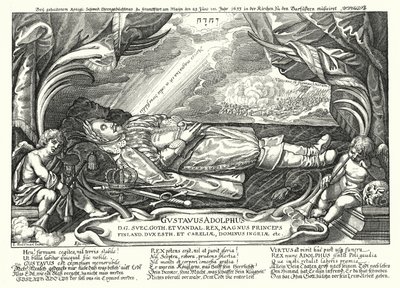 Portret van de overleden koning Gustavus Adolphus van Zweden (gravure) door German School
