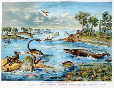 Prehistorie - Jura - reconstructie van de natuurlijke omgeving in Europa en enkele dieren uit deze periode, 1886 door German School