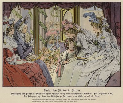 Prinses Louise van Mecklenburg-Strelitz kust een van de meisjes die Unter Den Linden opstellen om haar aankomst in Berlijn te begroeten voor haar huwelijk met Kroonprins Frederik III van Pruisen, 22 december 1793 door German School