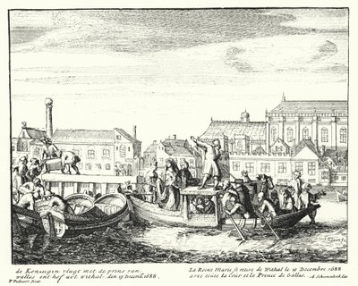 Koningin Maria, gemalin van Koning Jacobus II, vlucht Engeland met de Prins van Wales en haar hele hof, december 1688 door German School