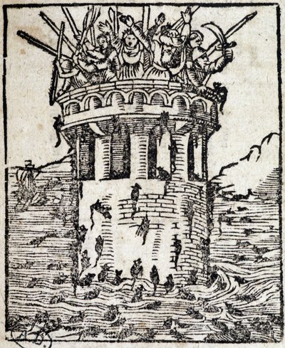 Ratten vallen een toren aan - Duitse gravure 16e eeuw door German School
