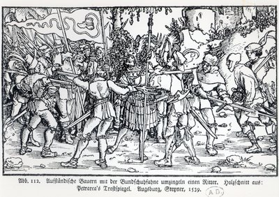Opstandige boeren omringen een ridder, uit een illustratie bij Trostspiegel door Petrarca, 1539 door German School