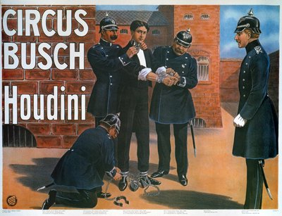 Reproductie van een poster uit 1907 met Houdini voor een ontsnapping uit een Duitse gevangenis door German School