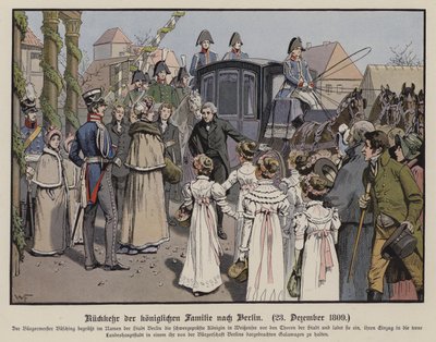 Terugkeer van de Pruisische koninklijke familie naar Berlijn, 23 december 1809 (kleur litho) door German School