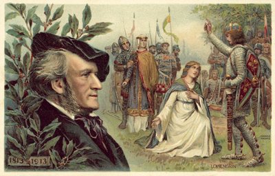 Richard Wagner en een scène uit zijn opera Lohengrin door German School