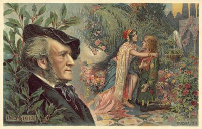 Richard Wagner en een scène uit zijn opera Parsifal door German School