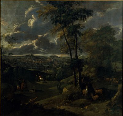 Ruiter in een landschap met een stad door German School