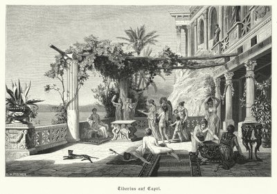 Romeinse keizer Tiberius op het eiland Capri (gravure) door German School