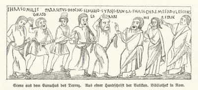 Scène uit Eunuchus (De Eunuch), komedie van de Romeinse toneelschrijver Terentius door German School