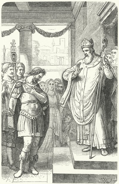 St. Ambrosius die keizer Theodosius I de toegang tot de kathedraal van Milaan ontzegt als straf voor het bloedbad van Thessaloniki, 390 door German School