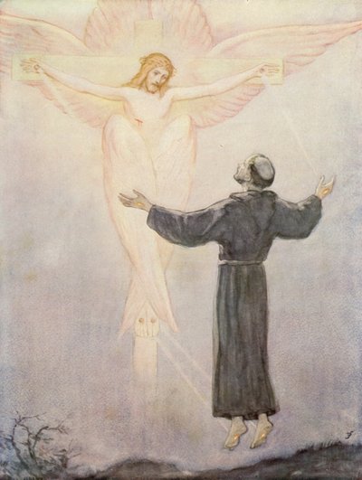 Franciscus ontvangt zijn stigmata (kleurenlitho) door German School