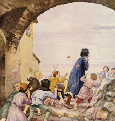 Franciscus beschimpt door kinderen (kleurenlitho) door German School