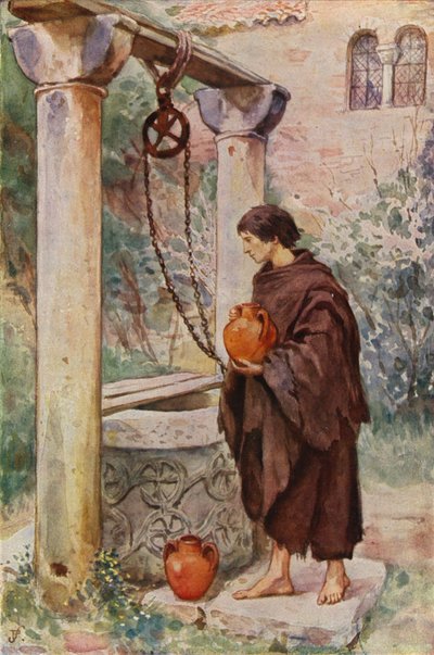 Franciscus aan het werk als scullion in een klooster (kleurenlitho) door German School