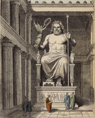 Standbeeld van Zeus in de oude Griekse tempel in Olympia (gekleurde gravure) door German School