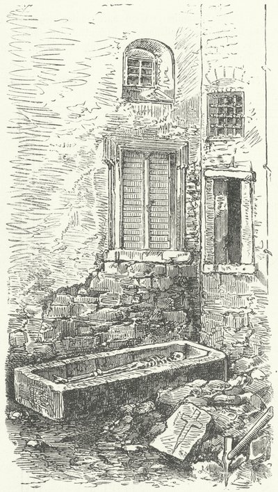 Stenen kist met een skelet, vermoedelijk van de Middelhoogduitse lyrische dichter Walther von der Vogelweide, Würzburg (gravure) door German School