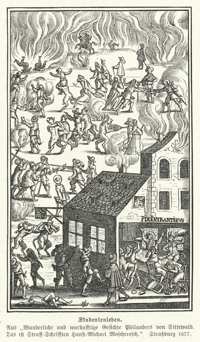 Studentenleven: scène uit Gesichte Philanders von Sittewald, door Johann Michael Moscherosch (gravure) door German School