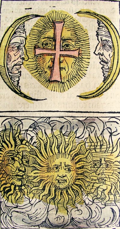 Zonnehonden en Maanshonden, gepubliceerd in de Neurenberg Kroniek, 1493 door German School