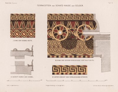 Terracotta decoraties van de Schatkamer van Gela, Olympia, Griekenland (kleur litho) door German School