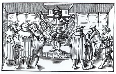Het hof van een baron, naar een houtsnede in Cosmographie Universelle van Munster, gepubliceerd 1552 door German School