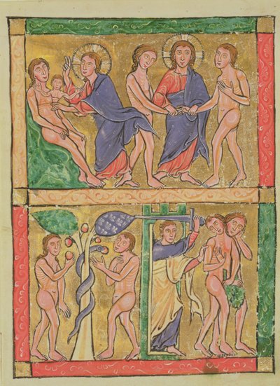 De schepping, huwelijk, verleiding en verdrijving van Adam en Eva, 1200 door German School