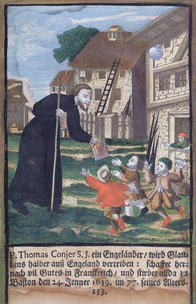 De jezuïetenvader Thomas Conjer evangeliseert Frankrijk, uit Het Martyrologium van de Jezuïeten, 1688 door German School