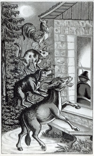 De vier dieren die naar het raam schreeuwen, illustratie voor De Bremer Stadsmuzikanten, sprookje van de Gebroeders Grimm door German School