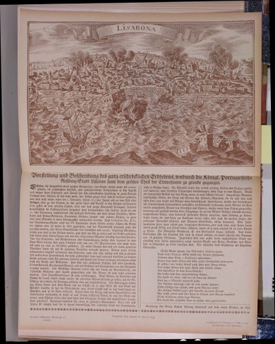 De Grote Aardbeving van 1755 in Lissabon, facsimile kopie van een originele gravure en tekst, 1755 door German School