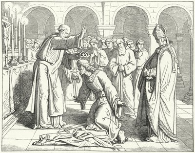 De Heilige Roomse Keizer Hendrik II ontvangt een zegening in het Klooster van St. Vitus in Verdun door German School