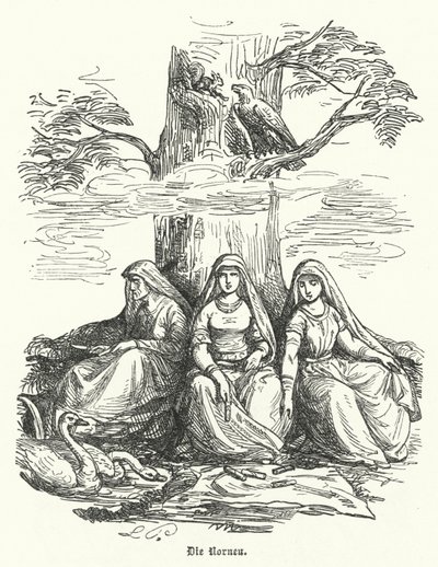 De Norns, vrouwelijke wezens uit de Noorse mythologie (gravure) door German School