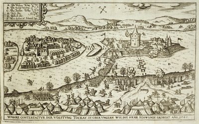De Stad Tokay Herwonnen van de Turken door Herr Schwendi in 1565, illustratie uit een boek over de Ottomaanse campagnes in Europa, gegraveerd door Paul Furst (ca. 1605-66) door German School