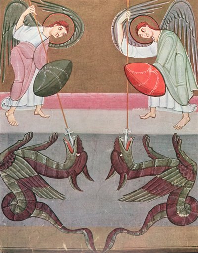 De engelen die St. Michael vergezellen vallen de draken aan, facsimile van de Bamberg Apocalyps door German School