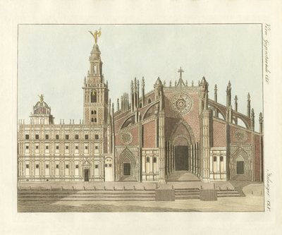 De kathedraal of metropolitane kerk van Sevilla (gekleurde gravure) door German School