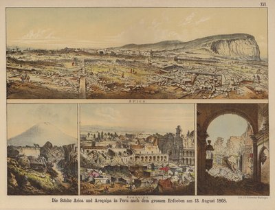 De steden Arica en Arequipa in Peru na de grote aardbeving van 13 augustus 1868 door German School