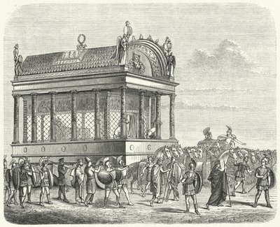 De begrafeniswagen van Alexander de Grote (gravure) door German School