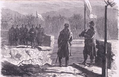 De vredesonderhandelingen - een ontmoeting bij de brug van Sèvres, Cassells Geschiedenis van de oorlog tussen Frankrijk en Duitsland uitgegeven door Cassell and Company Limited, ca. 1890 door German School