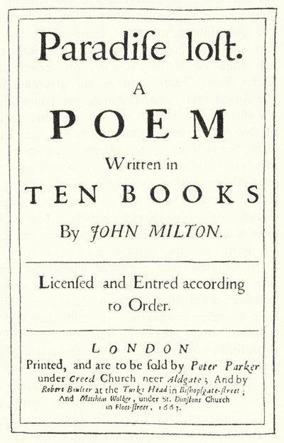Titelpagina van de originele editie van Paradise Lost door de Engelse dichter John Milton, gepubliceerd in 1667 (gravure) door German School
