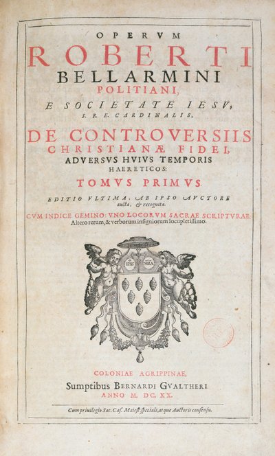 Titelpagina van De Controversiis door Robert Bellarmine, editie gepubliceerd in Keulen in 1620 door German School