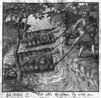Transport van kanonnen en geweren over de rivier op vlotten, illustratie uit L