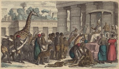 Tribuutoffers uit Ethiopië worden aangeboden aan de farao van Egypte (gekleurde gravure) door German School