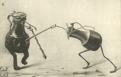 Twee kannen die een duel uitvechten (litho) door German School