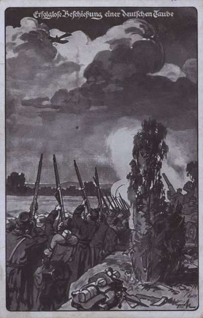 Onsuccesvolle poging om een Duits vliegtuig neer te schieten, Eerste Wereldoorlog (litho) door German School