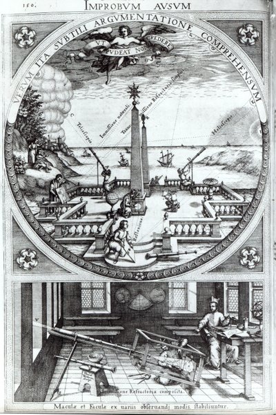 Verschillende methoden om zonnevlekken te observeren, illustratie uit Rosa Orsina door Christoph Scheiner, gepubliceerd in 1630 door German School